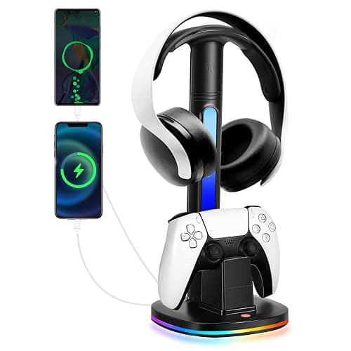 JDGPOKOO PS5 Controller Charging Station with RGB Headphone Stand, PS5 Controller Charger Holder with 2 USB Port, Headset Stand for PlayStation 5 & DualSense Edge Controllers Charging Dock - Image 1