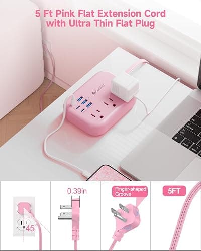Beeiker 6 USB (3 USB C) Pink Power Strip, 5Ft Extension Cord, 3 Outlets | 3 USB C,24W/4.8A 6 USB Charging Station,Pink Desk Accessories,For Cruise Travel,Cute Kawaii College Dorm Home Essentials,5Ft thumbnail 5