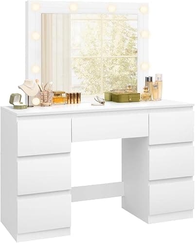 WOLTU Dressing Table with LED Bulb Lights, Adjustable Brightness, Vanity Table Makeup Desk with Large Mirror and 7 Drawers, 107 x 140.5 x 39.5 cm, White Bedroom Dresser, MB6099ws thumbnail 9