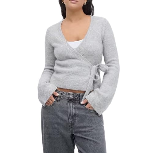 Mxiqqpltky Wrap Knit Tops for Women Y2k Lightweight Sweater Top Long Sleeve V Neck Side Tie Fitted Cropped Sweaters - Image 1