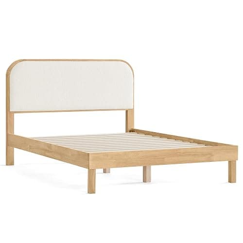 KISLOT Wood Bed Frame with Upholstered Headboard, Mid-Century Boucle Fabric Platform Modern Bed Mattress Foundation Noise-Free No Box Spring Needed Easy Assembly thumbnail 9