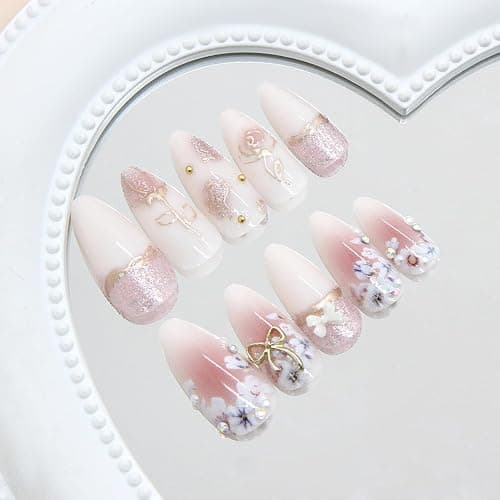 24Pcs Flower Press on Nails Medium Almond Fake Nails with Bow Rhinestones Designs Pink Acrylic Nails Glitter Glue on Nails Cute Floral False Nails Rose Flowers Stick on Nails for Women Nail Supplies thumbnail 3
