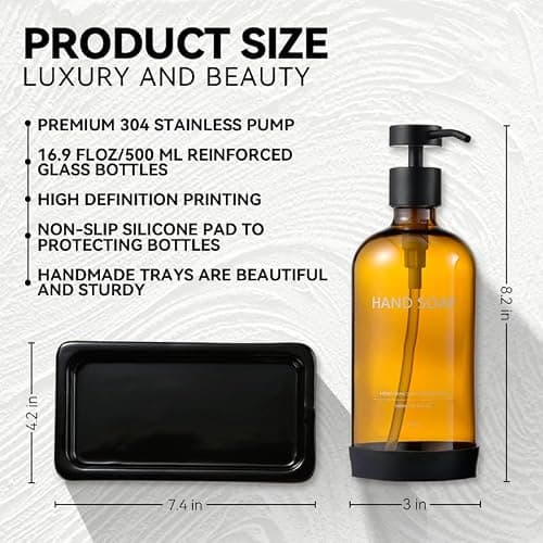 Janxin Glass Kitchen Soap Dispenser Set with Ceramic Tray,16.9 floz Hand and Dish Soap Dispenser for Kitchen and Bathroom Decor (Amber Bottles + Black Pumps) thumbnail 3