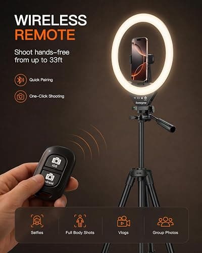 Sensyne Ring Light with Stand, 50" Phone Tripod for iPhone & Android, LED Ring Light with Remote, 3 Color Modes & 10 Brightness Levels for TikTok, Zoom & Video Recording thumbnail 6