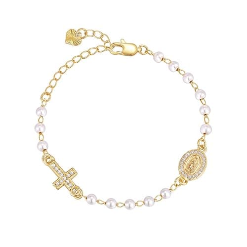 Gold Rosary Bead Cross Bracelet - 14k Gold Plated Virgin Mary Bracelets,Non Tarnish Golden Religious Rosarios Catolicos Virgen de Guadalupe Jewelry,Catholic Confirmation Baptism Gifts for Women - Image 1