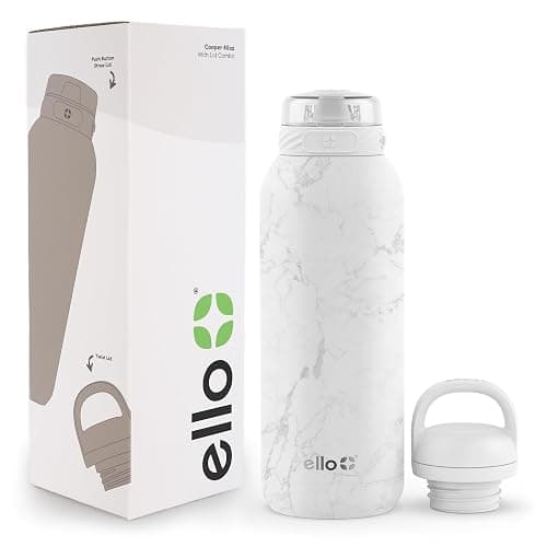 Ello Cooper 40oz Stainless Steel Water Bottle with 2 Lids Chug and Straw | Leak Proof | Double Walled and Vacuum Insulated | Built in Carry Loop | Dishwasher Safe | White Marble - Image 1