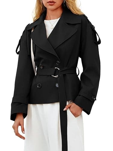 Tankaneo Womens Cropped Trench Coat Casual Double Breasted Short Jacket Fall Fashion Outerwear with Belt thumbnail 2