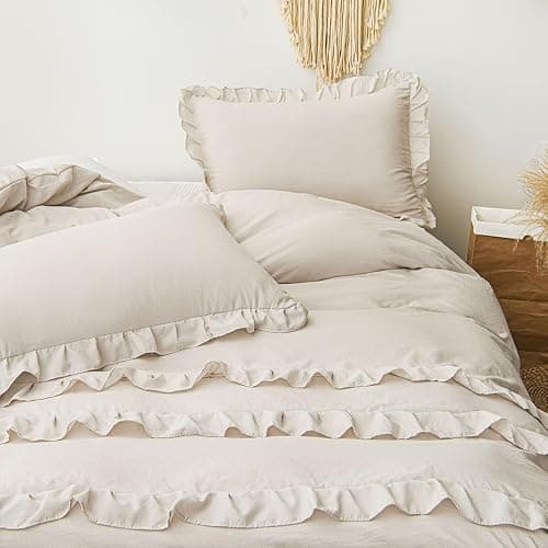 CCoutueChen Beige Ruffle Duvet Cover Twin 2Pcs Ruffled Duvet Cover Set Cottagecore Frilly Bedding Set 100% Washed Microfiber Shabby Chic Farmhouse Bedding with 1 Pillowcase(No Comforter) thumbnail 4