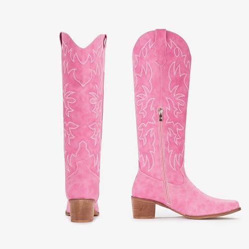 IUV Cowboy Boots For Women Knee High Western Cowgirl Boots Snip Toe Side Zipper Chunky Heel - 9.5 - Pink thumbnail 7