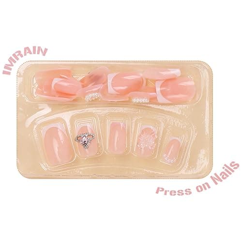 IMRAIN Press on Nails Short Square Fake Nails Cute Heart Pearl & Rhinestone Squoval False Nails Pink Glossy Full Cover Glue Stick on Nails for Women Girls Manicure Decorations thumbnail 2