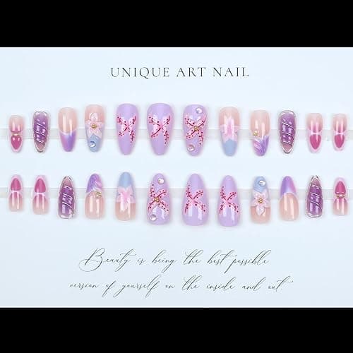LPOODDNU Purple Pink Press on Nails Almond - Medium 3D Embossed Flower Fake Nails with Pearl Designs, Glossy Finished Reusable False Nails with Adhesive Glue Tabs - 24Pcs Nail Kit for Women Manicure thumbnail 4