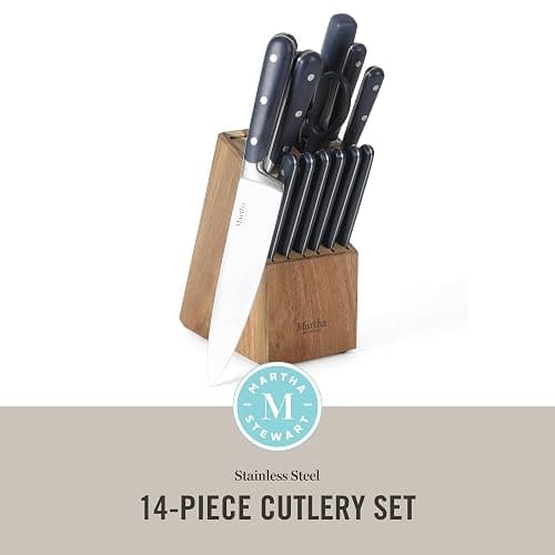 MARTHA STEWART Eastwalk 14 Piece High Carbon Staineless Steel Cutlery Set w/ABS Triple Riveted Forged Handle Acacia Wood Block - Navy Blue thumbnail 3