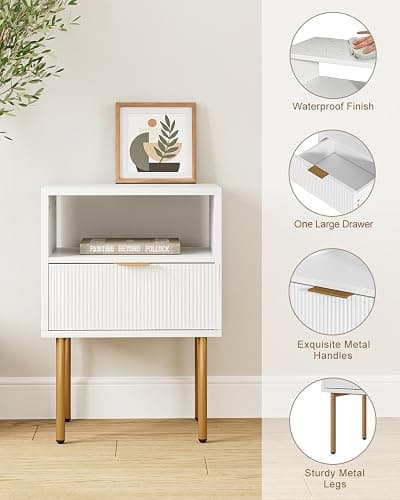 AEPOALUA Nightstand,Morden Bedside Table with Gold Frame,Small White Night Stand,End Table,Bedside Furniture,Side Table with Drawer and Shelf for Bedroom,Living Room (1Drawer, White) thumbnail 7
