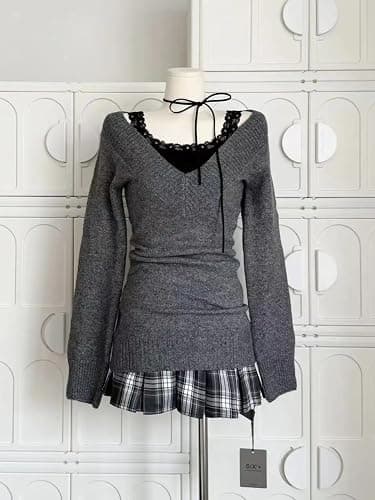 Women Vintage Coquette V-Neck Slim Fit Sweater Y2K Aesthetic Long Sleeve Knitted Pullovers Top thumbnail 5
