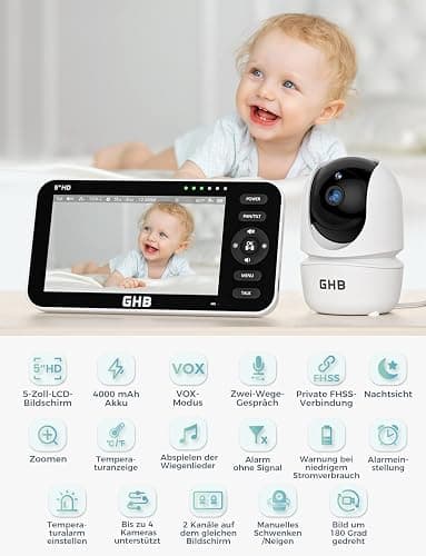 GHB Babyphone mit 2 Kameras 5 Zoll 720P HD Display mit bis zu 168h Akkulaufzeit im VOX Schlafmodus Gegensprechen Nachtsicht und Temperaturanzeige thumbnail 2