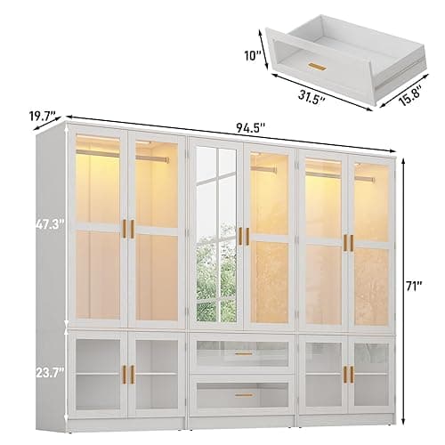 6 Doors Armoire Wardrobe Closet with LED and Mirror,71" H Freestanding Wooden Wardrobe Closet Cabinet for Bedroom w 2 Drawers,Wooden Clothing Storage Cabinet w Hanging Rod,Closets for Bedroom(White) thumbnail 3
