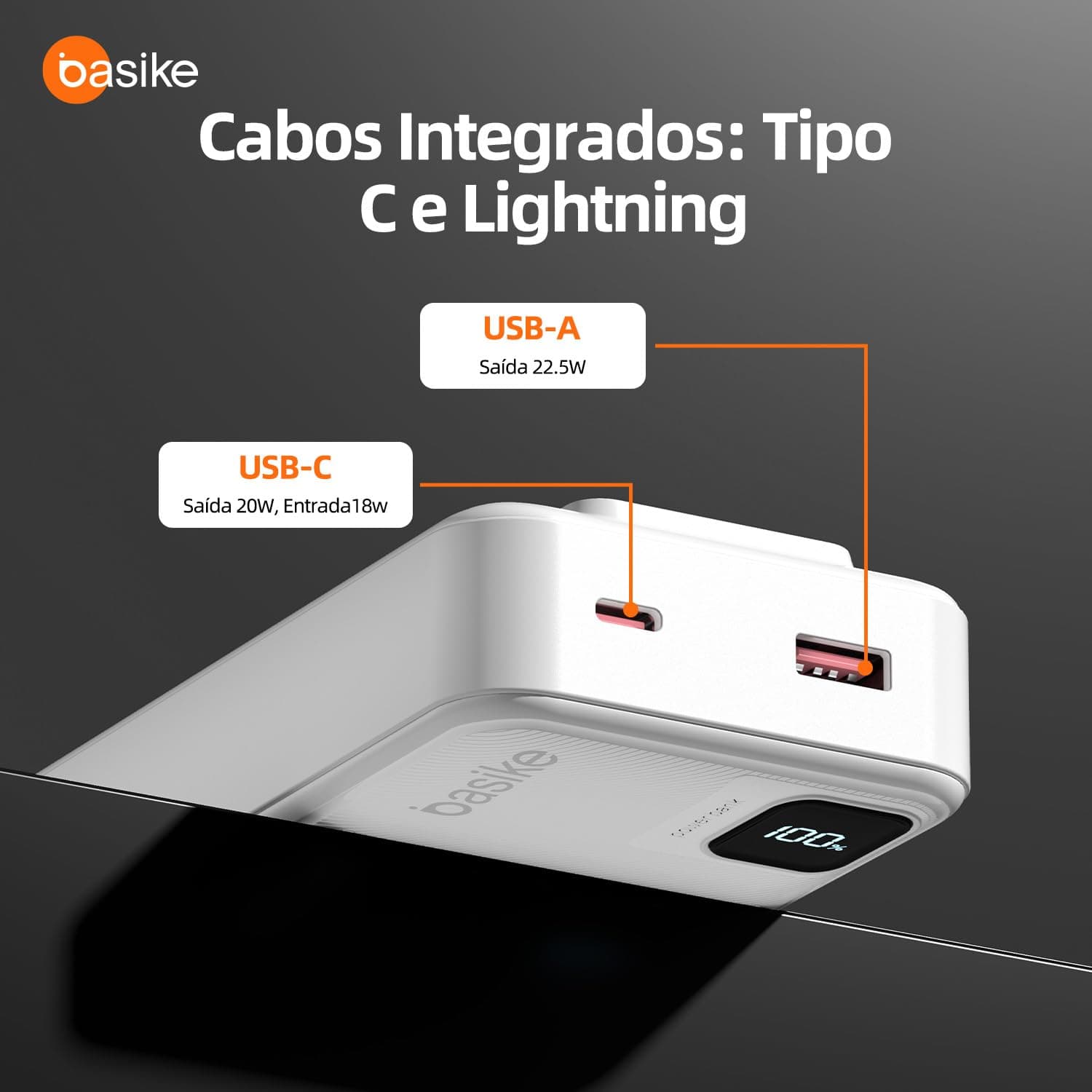 Basike Power Bank, Carregador Portátil Universal 20000mAh, USB-A(até 22.5W)+USB-C(até PD20W), com 2 Cabos Integrados (USB-C, Lightning) Carregamento Rápido, Led Indicador de Bateria (Branco) - Branco thumbnail 3