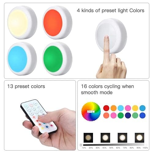HELPLEX LED Puck Lights with Remote, 6 Pack Color Changing RGBW Stick-On Light, Battery Powered, Dimmable Under Cabinet Lighting with Timer & Memory, Wireless Push Lights for Kitchen & Closet thumbnail 8