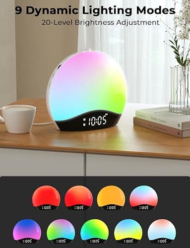 LIORQUE Sunrise Alarm Clock Wake Up Light Clock with Sunrise/Sunset Simulation, 8 Colors Atmosphere Lamp, 22 Natural Sounds, Dual Alarms, Snooze and FM Radio, Light Up Alarm Clock Bedside thumbnail 2