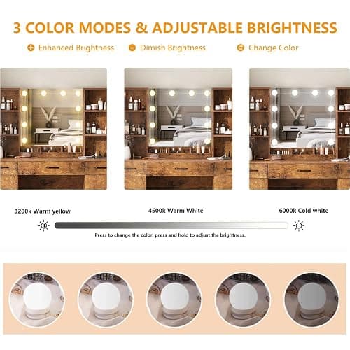 Vabches Makeup Vanity Desk with Lighted Mirror & Power Strip, Large Brown Vanity Table Set Rustic Farmhouse Style with Storage Stool, 3 Lighting Modes, Brightness Adjustable, 45.2in (W) thumbnail 6