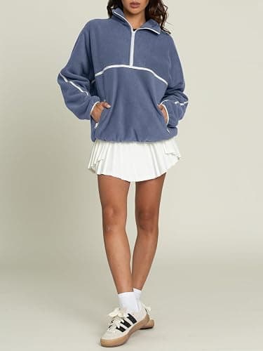 LASLULU Womens Half Zip Pullover Sweatshirt Sherpa Fleece Jacket Oversized Sweatshirts Warm Fuzzy Sweaters Pockets thumbnail 4