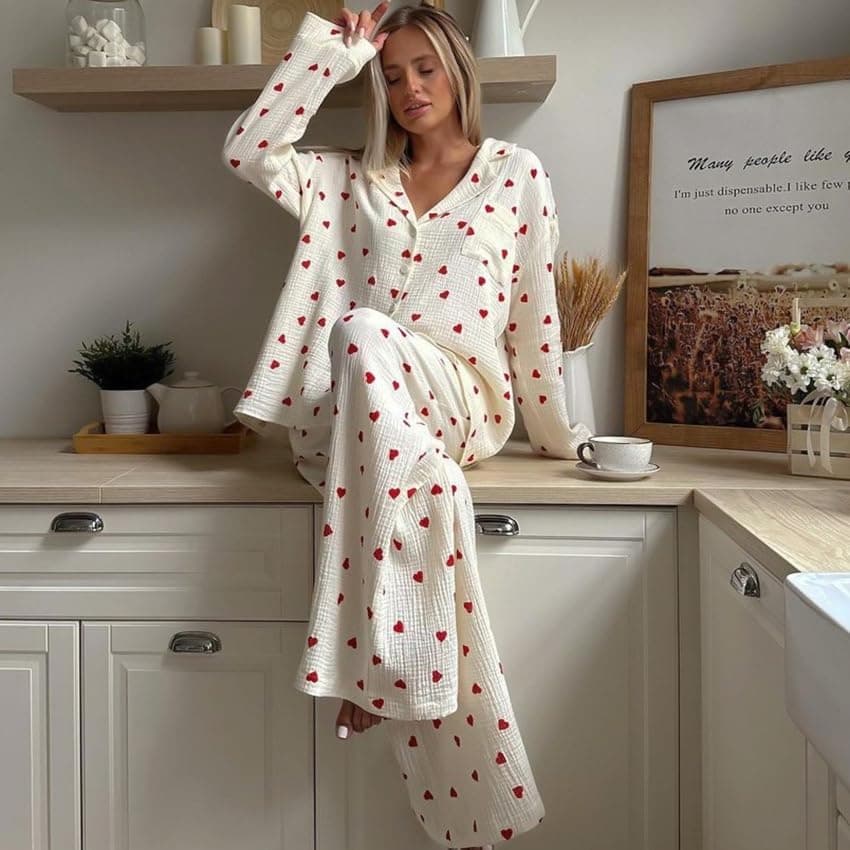 JATEFT Women's Cotton Pajama Set with Cute Heart Print, Cozy Long Sleeve and Long Pants, 2-Piece Sleepwear Kit (Large) Red thumbnail 3