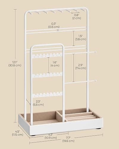 SONGMICS Jewellery Stand, Jewellery Organiser, Jewellery Display Stand with Metal Frame and Velvet Tray, Earring Bracelet Holder, Necklace Stand, for Studs, Rings, Gift Idea, White JJS021W01 thumbnail 2
