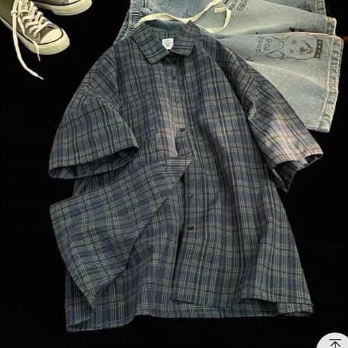 Mens Plaid Short Sleeve Teens Harajuku Vintage Aesthetic Baggy T-Shirts thumbnail 3