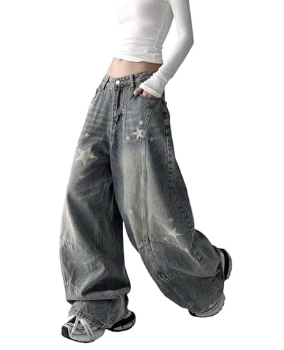 BeRamg Baggy Jeans Women Girls Star Printed Barrel Jeans Low Rise Cute Grunge Denim Pants Emo Clothes thumbnail 4