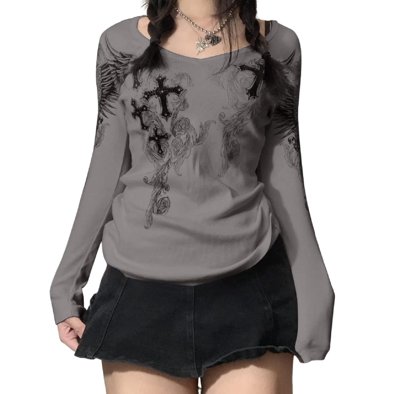 Women Y2K Long Sleeve Top Tee Vintage Graphic Grunge 90s T Shirt Basic Slim Fit Blouse Pullover Streewear - A-grey - Small