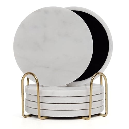 YONGHEE Carrara White Marble Coasters Set of 6 with Holder, Elegant Modern Round White Marble Drink Coasters for Coffee Table Decor, Semi Absorbent Stone Coaster for Drinks, Velvet Backed - Image 1