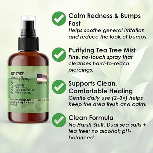 Wacan Tea Tree Piercing Spray for Bumps & Irritation, Alcohol-Free pH-Balanced Cleaner for Ear, Nose, Cartilage & Belly Button Piercings thumbnail 2