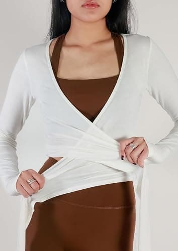 Meihuida Women Wrap Top Long Sleeve Deep V Neck Tie Workout Ballet Pilates Yoga Shirt with Thumb Holes thumbnail 4