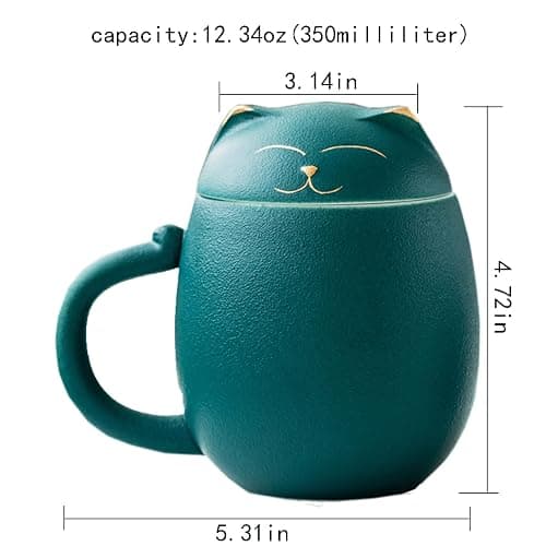 DUANMUL Cat Mug Cute Ceramic Coffee Cup with Infuser and Lid,Filter for Steeping Loose Leaf,kawaii coaster,Novelty Morning Cup Tea Milk Christmas Mug Chinese Handmade Porcelain Teacup(Green） thumbnail 3