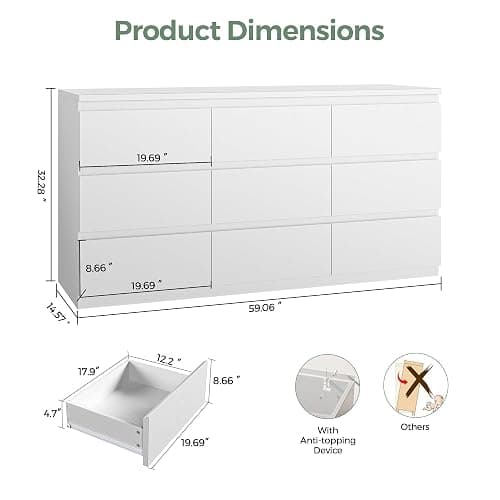 Orgobysol White 9 Drawer Dresser for Bedroom,Modern Wood Dressers & Chest of Drawers with No-Handle Design, Long Dressers for Closet Living Room,Nursery,Hallway (59.06 * 32.28 * 14.57 in) thumbnail 2
