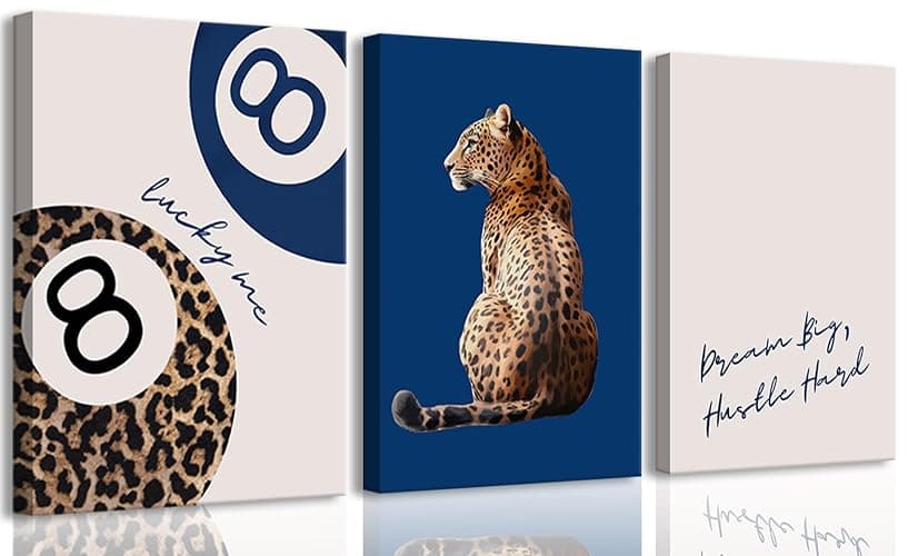 Navy Blue 3 Pcs Leopard Print Canvas Wall Art Cheetah animal prints 8 Ball Lucky Me pictures Trendy Wall decor Y2k aesthetics painting artwork for Apartment Dormitory College Decoration 12x16in - Image 1
