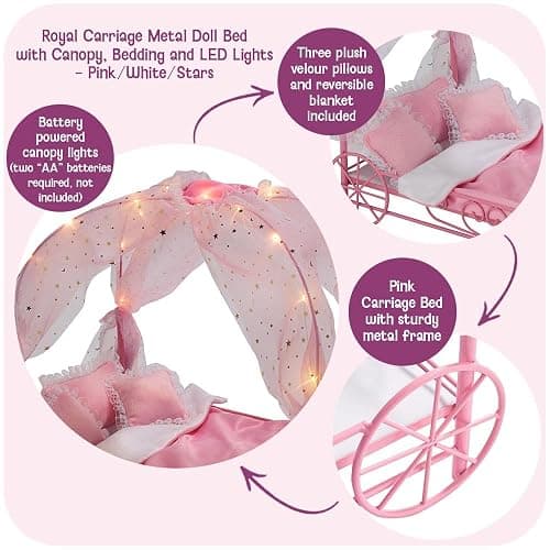 Badger Basket Elegant Royal Carriage Bed for 18-Inch Dolls with Canopy, Bedding, and LED Lights - Pink and White Stars thumbnail 4