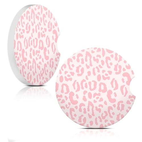 Absorbent Car Cupholder Coaster 2 Pack,Ceramic Stone with a Finger Notch for Women & Lady,Cork Base Drink Coasters 2.56 Inch,Cute Auto Accessories Gifts（Pink Leopard） - Image 1