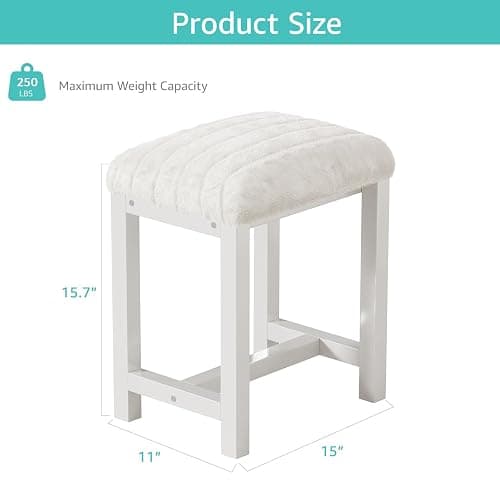 Small Vanity Stool, Cute Vanity Stools with Soft Faux Rabbit Fur Cushion, White Makeup Vanity Chair for Small Spaces, Living Room, Bedroom, Entryway, Ottoman Foot Rest for Couch Sillas Modern thumbnail 2