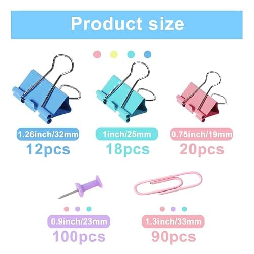 Paper Clips and Binder Clips Assorted Sizes, 240 PCS Colored Office Clips Set Large Medium Small Paper Clamps Paperclips Push Pin Thumb Tacks, College Supplies Home Office Supplies Document Organizing thumbnail 2