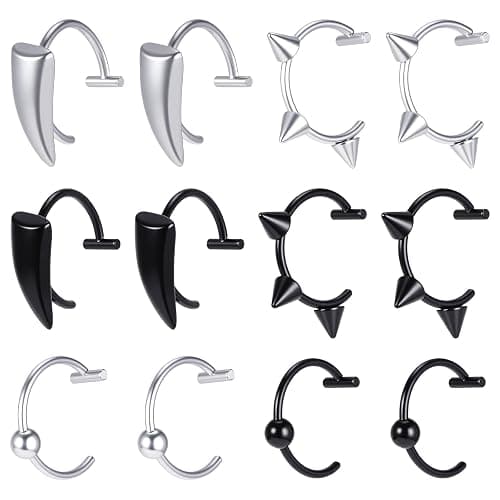 Alrhso 12 Pcs Fake Lip Ring Fake Snake Bite Non-Piercing Lip Cuff Ear Cuff Stainless Steel Vampire Teeth Ring Septum Nose Piercing Set for Women Men (Black Silver) - Image 1