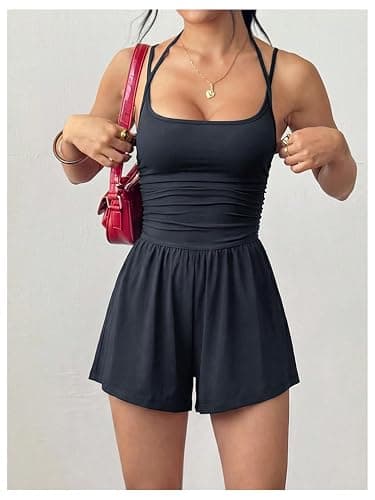 BEAUDRM Women's One Piece Sleeveless Romper Y2k Ruched Spaghetti Strap Short Jumpsuits Summer Casual Outfits thumbnail 3