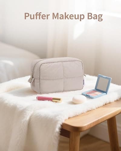 Narwey Puffy Makeup Bag for Travel Women Girl, Quilted Makeup Bag Cosmetic Bag, Cute Puffer Make Up Organizer Bags, Travel Toiletry Bag Toiletries (Khaki) thumbnail 6