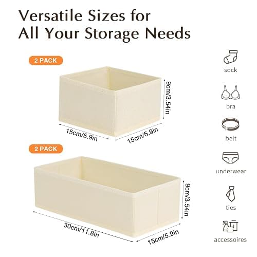DIMJ Drawer Organizers Clothes, Dresser Organizer Bins for Baby Clothes,Underwear and Sock, Fabric Closet Organization and Storage Boxs, Drawer Dividers for Nursery, Clothing, Tie - 4 Pack, Beige thumbnail 3