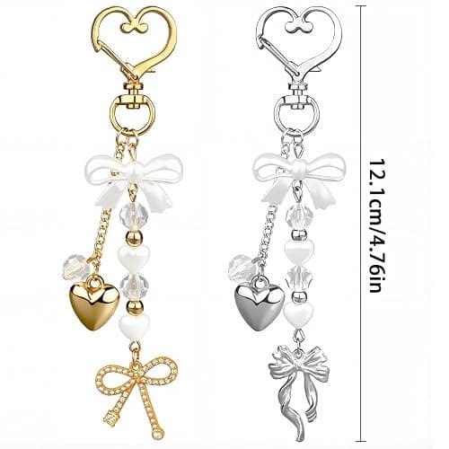 2pcs Bow Heart Beaded Keychain Accessories Cute Keychains for Women Kawaii Bowknot Pearl Bag Charms for Handbags Silver Gold Bows Hearts Key Chain for Car Keys Aesthetic Heart Key Ring Backpack Charms thumbnail 8