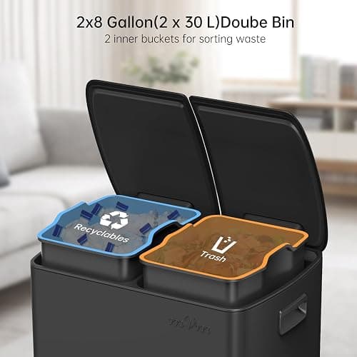 mVm Kitchen Trash Can,2x5.3Gallon(2x20L) Double Trash cans and Recycle Bin Combo with Lid and Anti-Fingerprint,Foot-Pedal,Soft-Close.Stainless Steel Garbage Can for Kitchen,Living Room(Matte Black) thumbnail 3