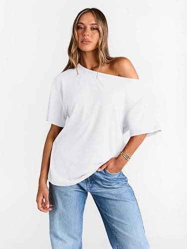 Trendy Queen Womens Off The Shoulder Tops Oversized T-Shirts Short Sleeve Tees Summer 2025 Casual Spring Fashion Clothes thumbnail 2