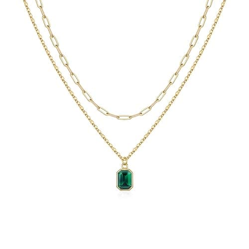 Vrsilver Layered Birthstone Necklace for Women Girls, 14K Gold-Plated Paperclip Chain Choker Necklace with Rectangle Birthstone Pendant Birthday Gifts for Women Girls Dainty Small - Image 1
