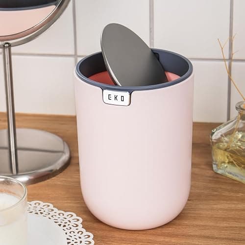 EKO Mini Desk Trash Can with Swing-Top Lid 0.4 Gallon Small Table Round Wastebasket for Office, Home, Car (Pink) thumbnail 2