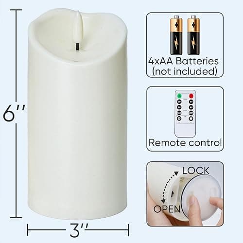 Homemory 6"x3" Outdoor Waterproof Flameless Candles, LED Candles, Battery Operated Candles with Remote and Timers, Electric Fake Plastic Pillar Candles, Ivory White, Set of 2 thumbnail 9